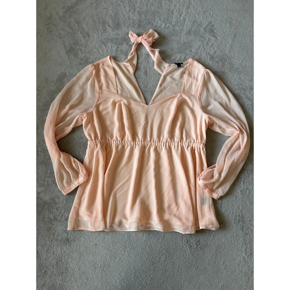 Torrid Blouse Tie‎ Neck Long Sleeve Babydoll Top Peach Semi-Sheer Size 2 - Picture 1 of 7